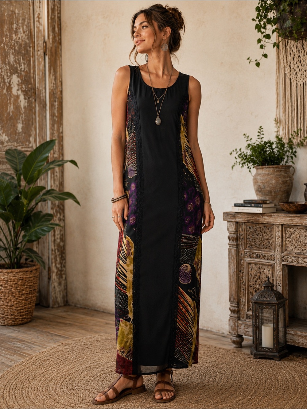 Original Anthony 90s Vintage Abstract Patchwork Maxi Dress Boho Sleeveless